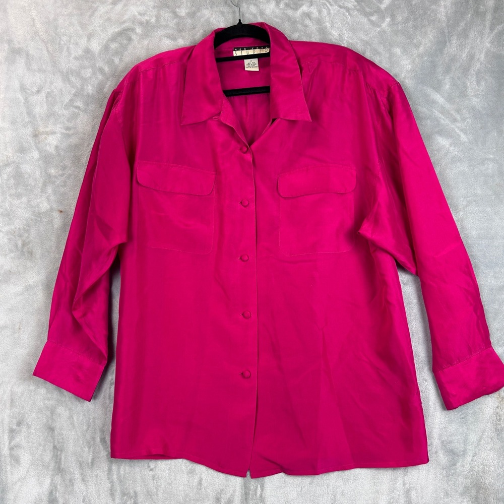 New York Studio Magenta Pink 100%‎ Silk Button Up Blouse Long Sleeve Medium